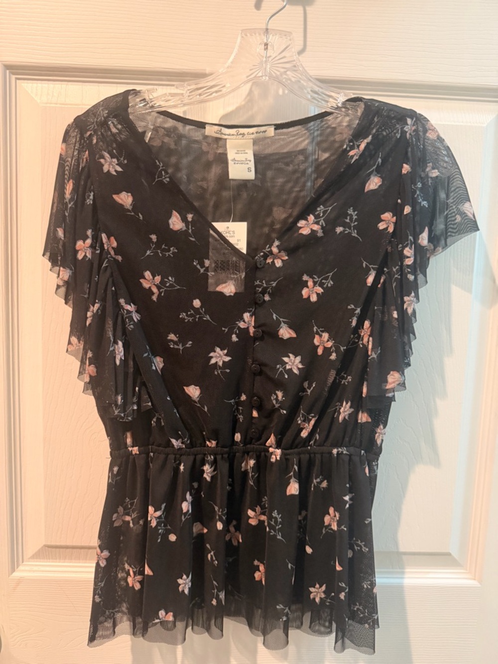 American Rag Black Floral Mesh Peplum Blouse - Pink Flowers